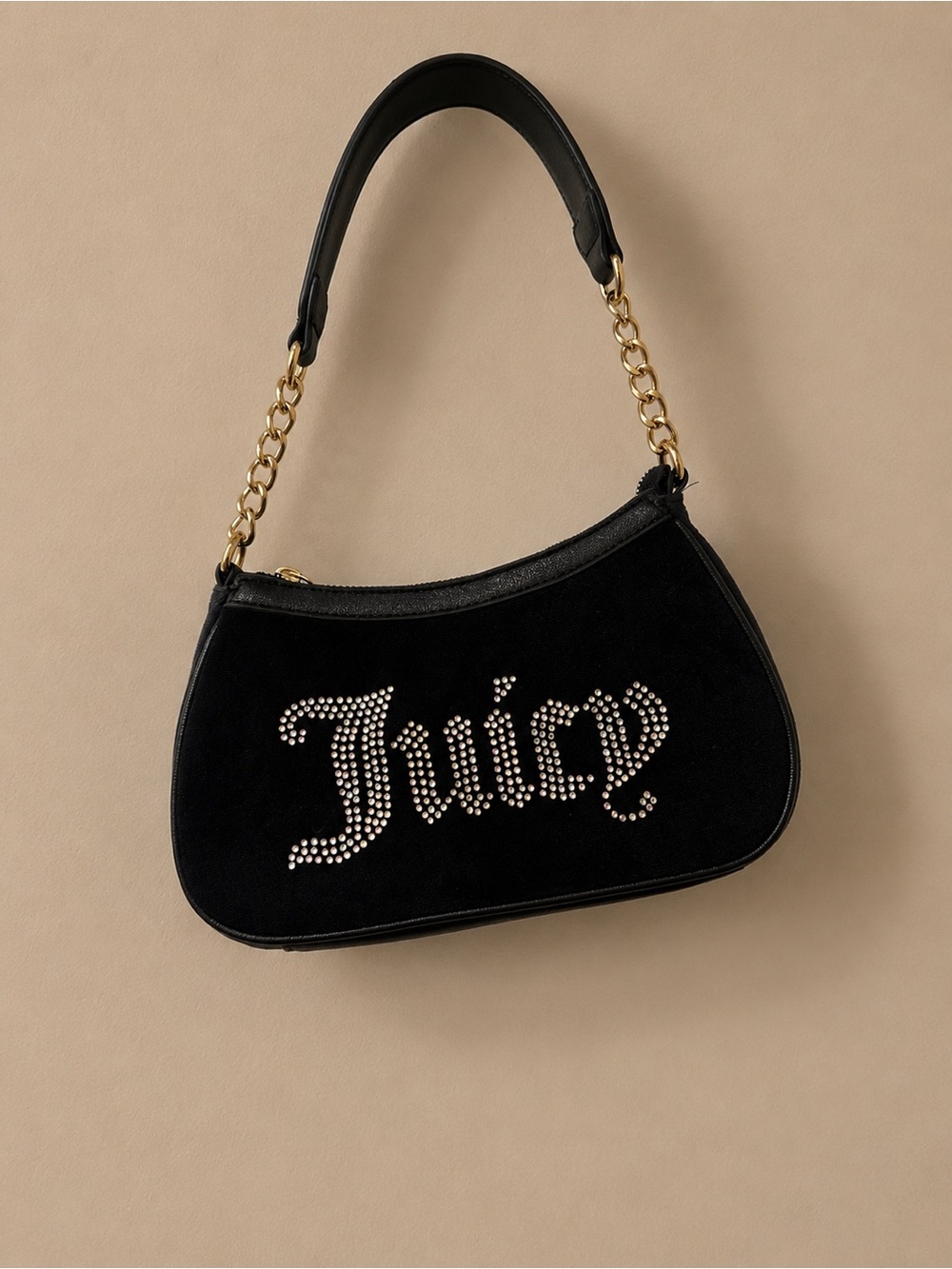 Juicy Couture Black Velvet Rhinestone Logo Shoulder Bag with Gold Chain